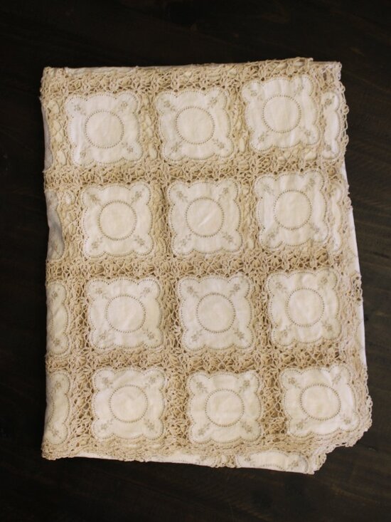 Antique Tablecloth Hand Embroidered granny Squares Linen Crochet Victorian Lace - Picture 5 of 9